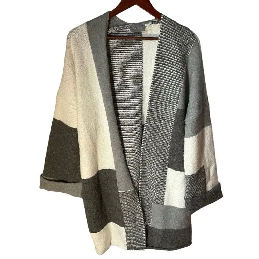 Cyrus Open Patchwork Coatigan/Sweater Coat. S. Grey and Cream Colorblock